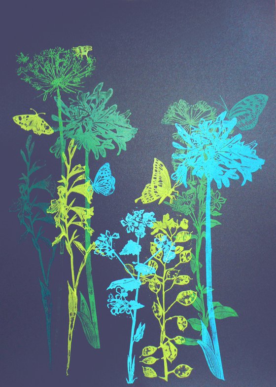 Flora and fauna (fresh green/blue tones on Black Russian cardstock #2)