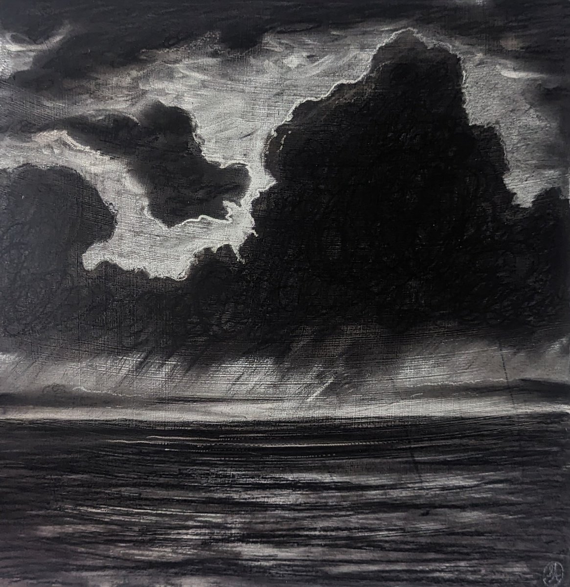Photorealistic Landscape Charcoal Drawing By Sophie Adair, 12 X 12", Darkest Hour, Original Artwork