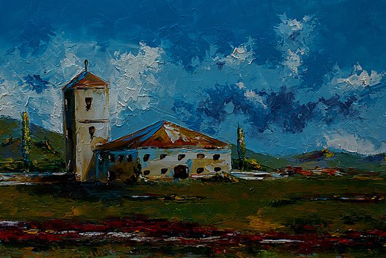 Old house in landscape. Landscape oil painting