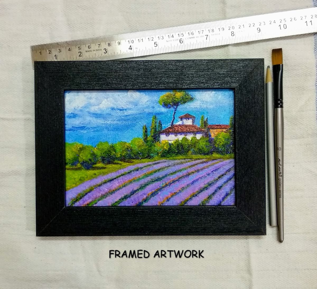 Miniature landscape painting of Lavender fields (5x 7) acrylic on canvas by Asha Shenoy