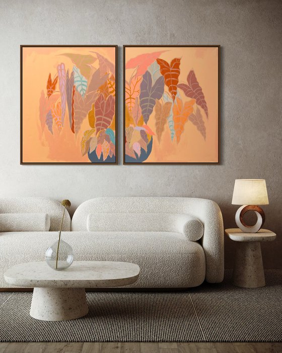 ‘Burnt Coral Alocasia and Begonia’ diptych