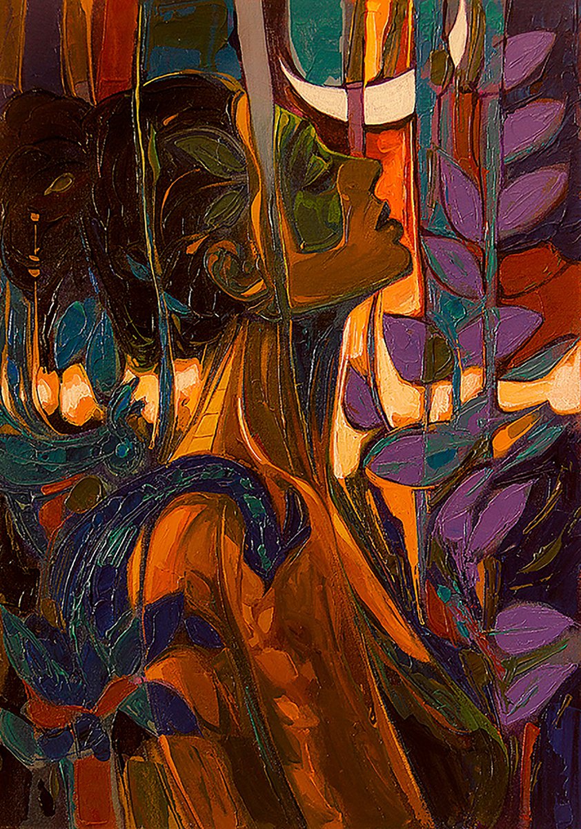 Abstract Portrait Acrylic Painting By Artist Gurdish Pannu, 18 X 26, Woman And Moon Painting, Original Artwork