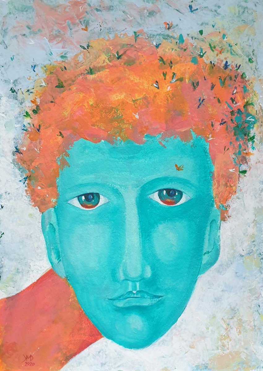 Expressive Portrait Acrylic Painting By Ksenia June, 8 X 11", Butterflies Are My Memories Portrait, Original Artwork