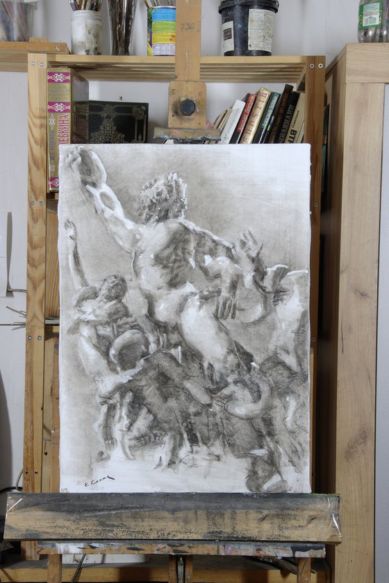 Charcoal drawing on paper "Laocoon and His Sons "