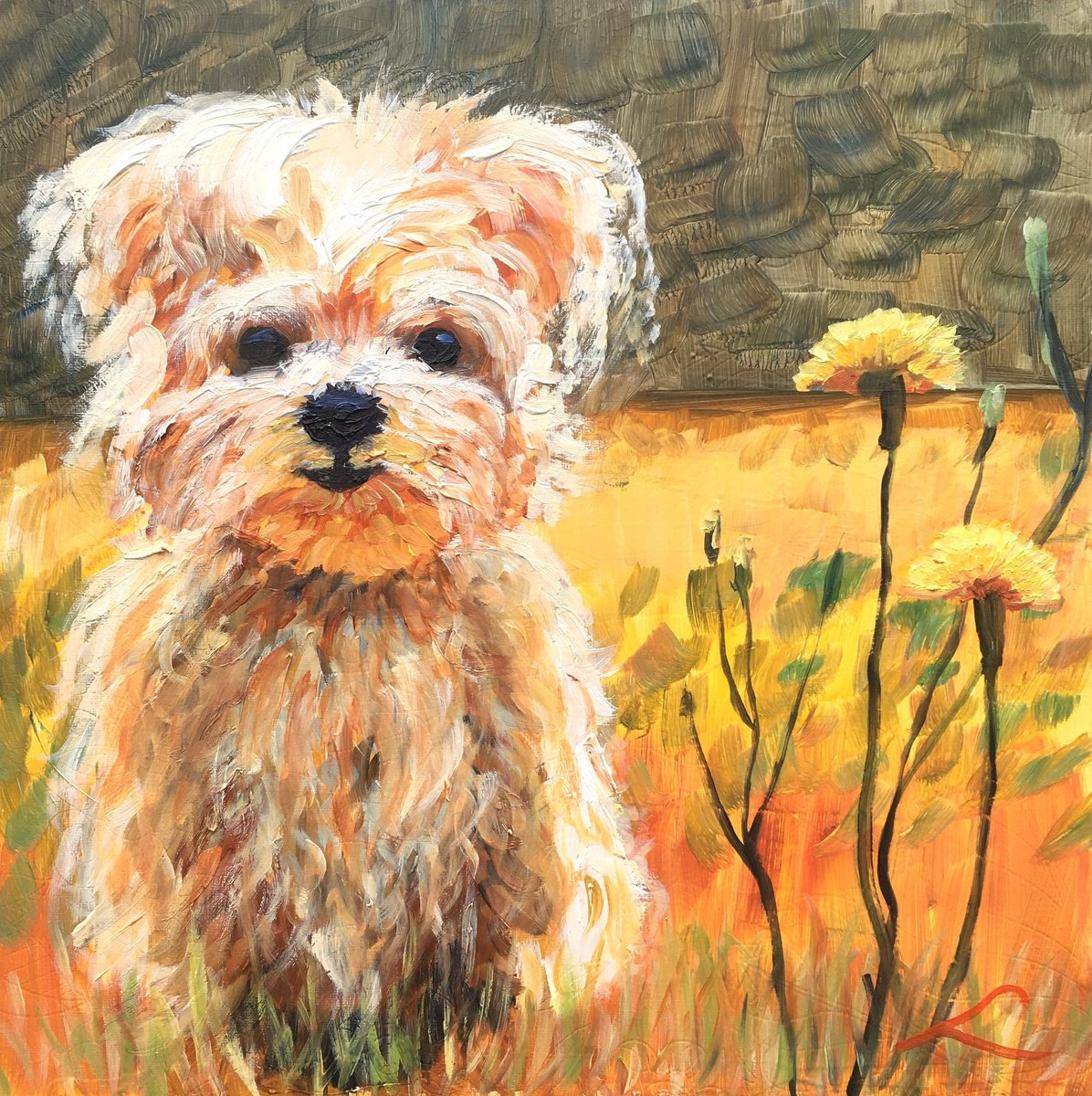 Impressionistic Animal Oil Painting By Elena Sokolova, 15 X 15, Doggy 2, Original Artwork