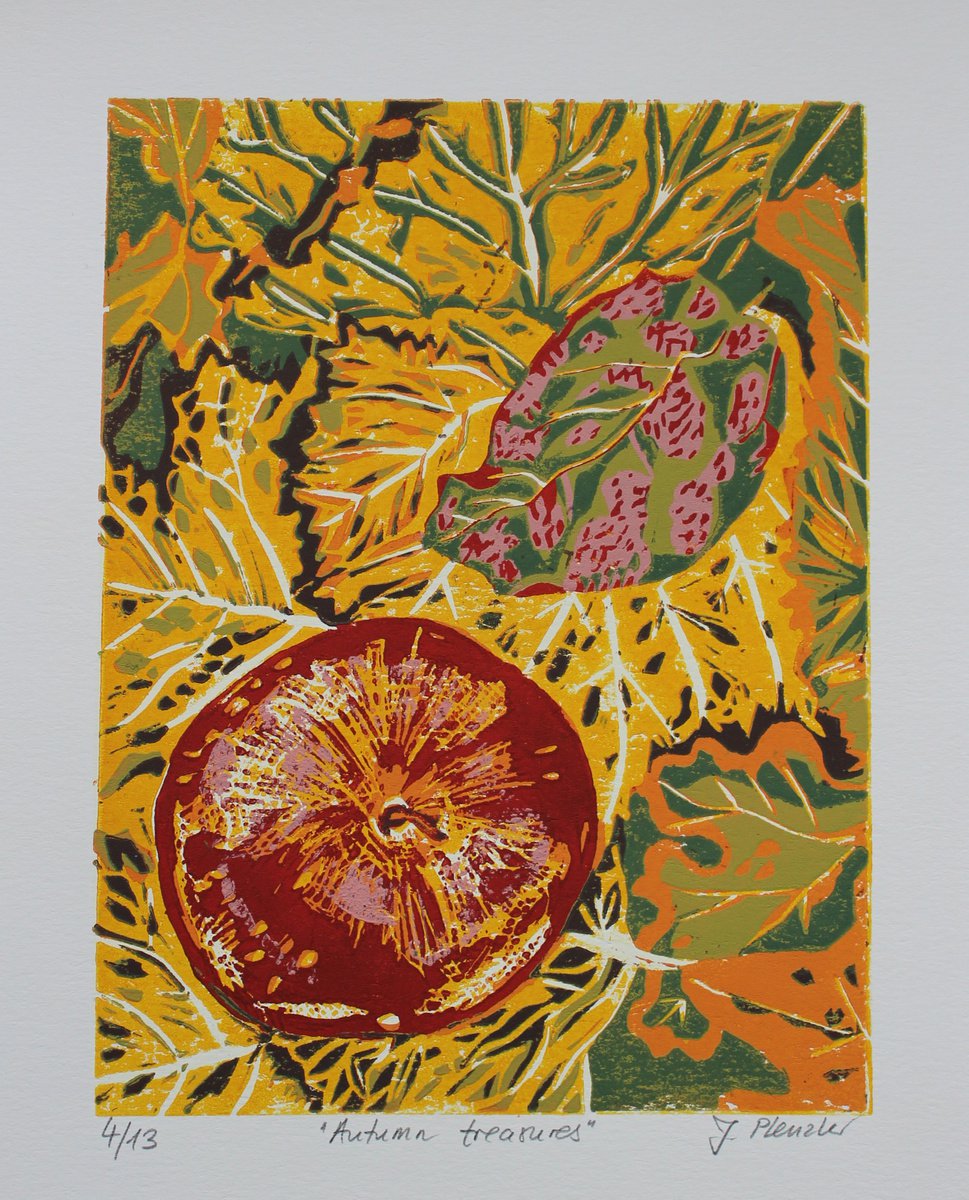 Graphic Still Life Linocut By Joanna Plenzler, 8 X 10, Autumn Treasures, Original Artwork