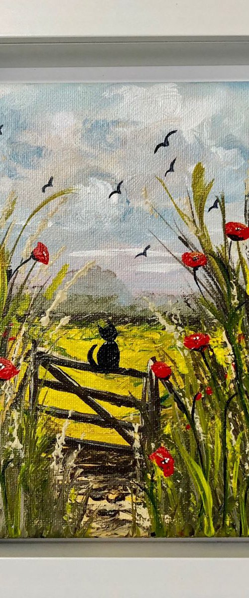 Cat in the poppy field by Marja Brown