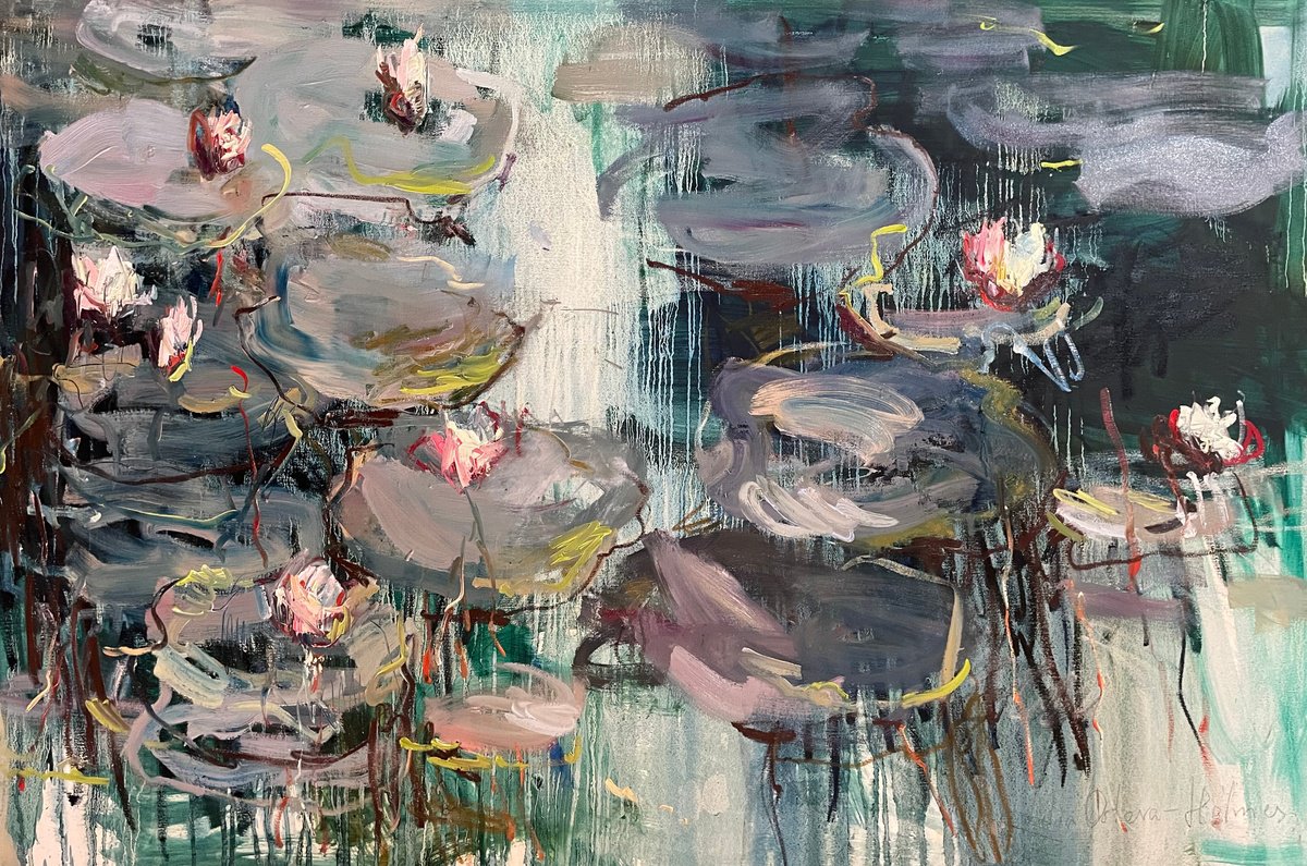 Expressive Landscape Oil Painting By Lilia Orlova-Holmes, 59 X 39", Lily Pond. Emerald Reflections, Original Artwork