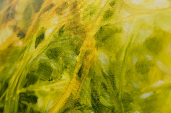 Light through the branches - Abstract nature - Oil painting in yellow, green and brown