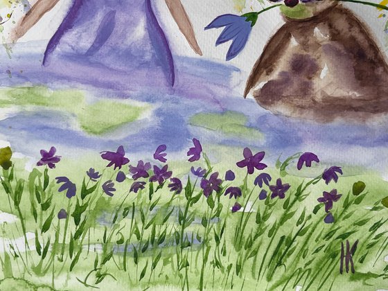 Bunny & Girl Original Watercolor Painting