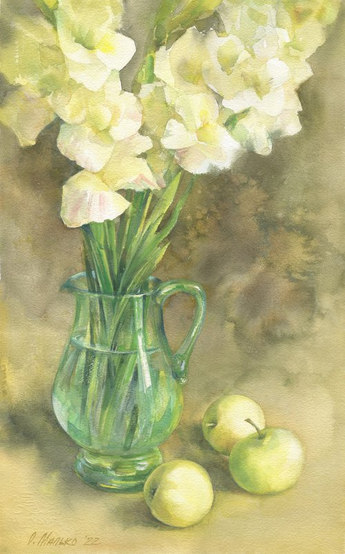 Summer still life with white apples / ORIGINAL watercolor painting ~14x22in (36x56cm) by Olha Malko