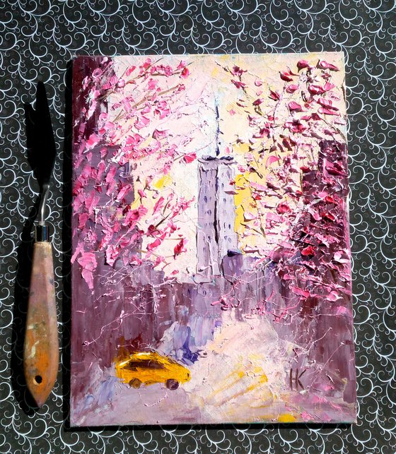 New York Painting Cityscape Original Art Yellow Taxi Oil Impasto Artwork Flowering Sakura Small Home Wall Art