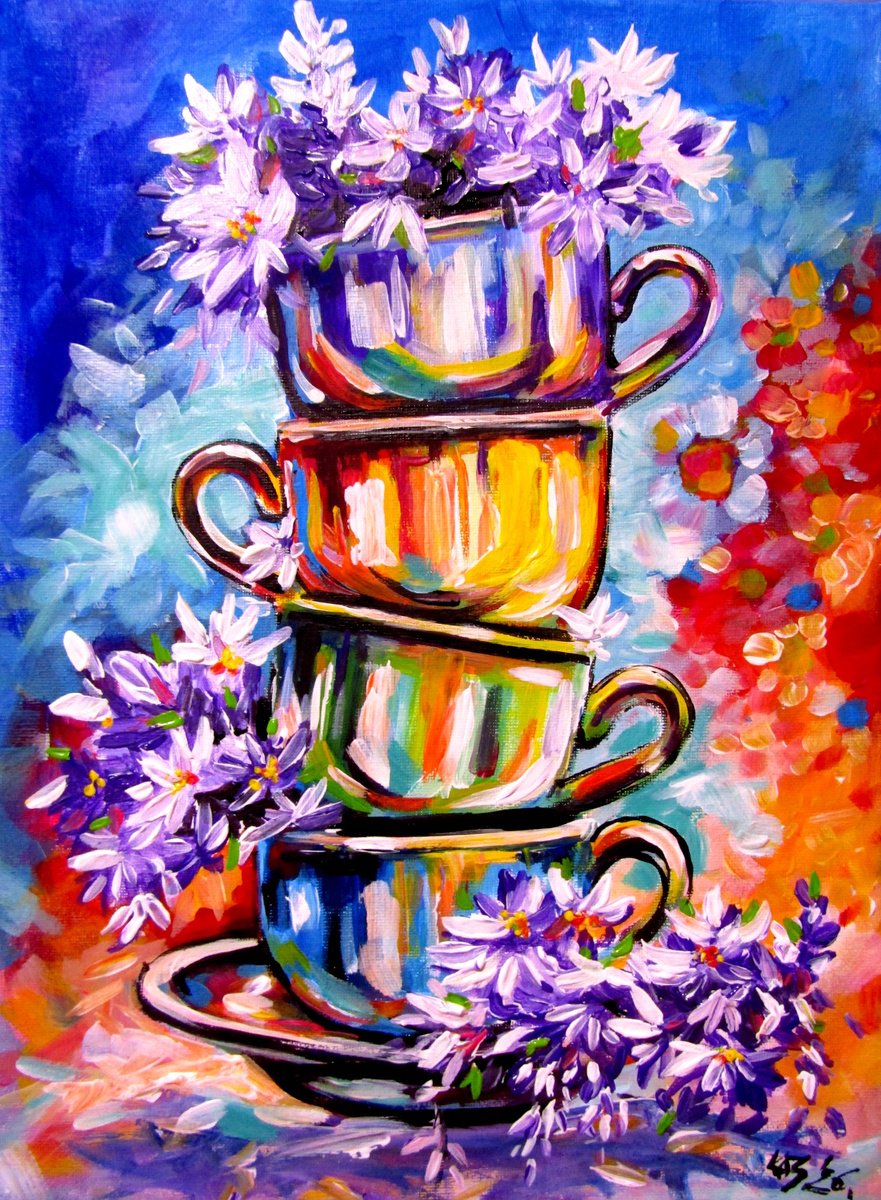 Cups With Flowers By Kovacs Anna Brigitta, 12 X 16, Artwork For Sale On Artfinder