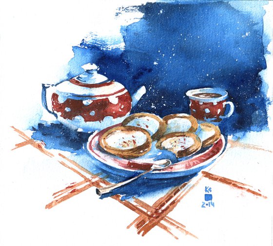 Small watercolor sketch "Tea drinking"