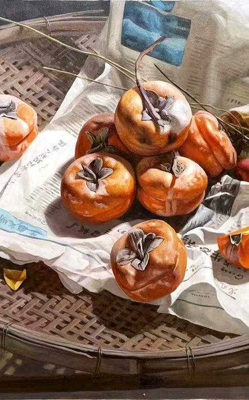 Still life:Persimmons in the bamboo basket t181 by Kunlong Wang