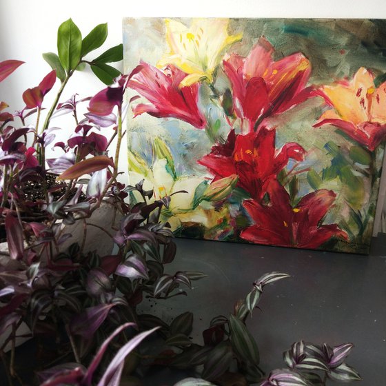 Lilies. Summer moments. Original plein air oil painting