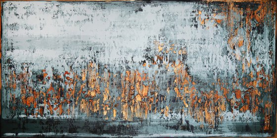 LIGHTS IN THE SKY - 80 x 160 CM - TEXTURED ACRYLIC PAINTING ON CANVAS * GREY - GREEN * GOLD