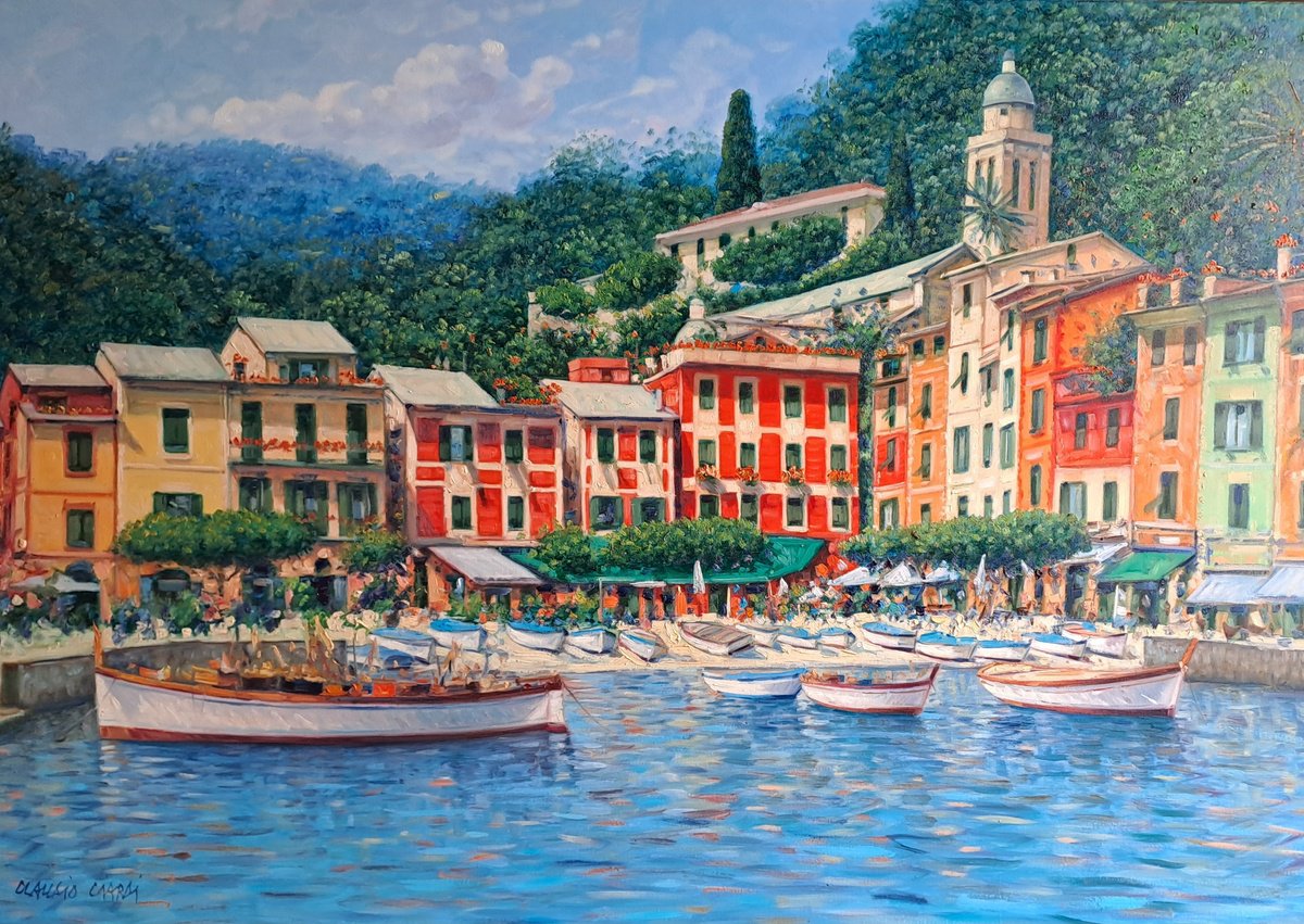 Impressionistic Cityscapes Oil Painting By Claudio Ciardi, 39 X 28, View Of Portofino, Original Artwork