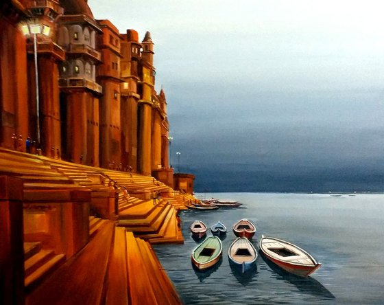 Varanasi Ghat at Evening  - Acrylic on Canvas Painting