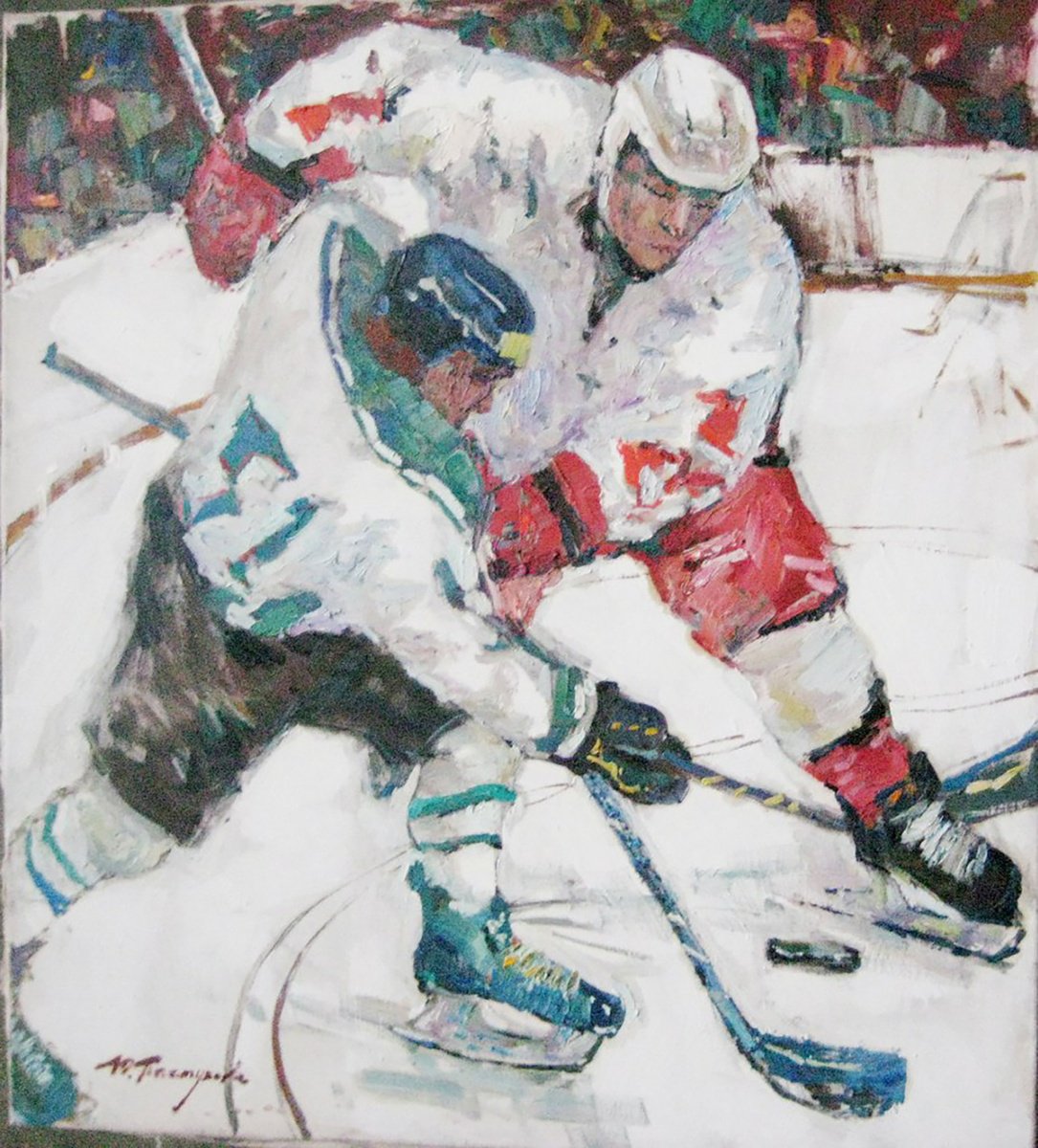 Impressionistic Portrait Oil Painting By Yuliia Pastukhova, 39 X 43", Hockey Sport, Original Artwork
