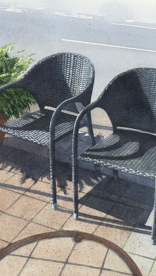 Two Chairs in Sunlight - Watercolor Painting by Masato Watanabe