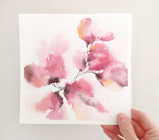 Pink loose flowers painting, small square art