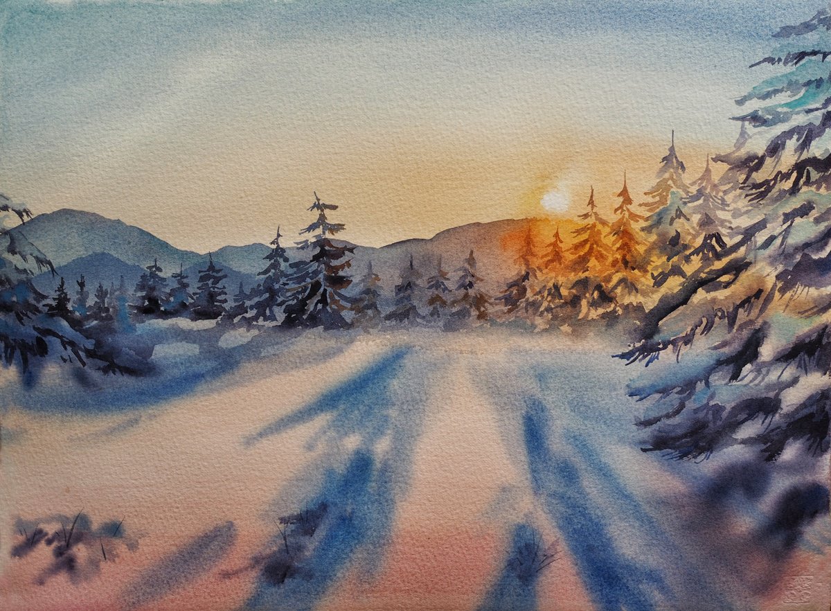 Impressionistic Landscape Watercolour By Delnara El, 15 X 11, Snowy Forest At Sunset, Original Artwork