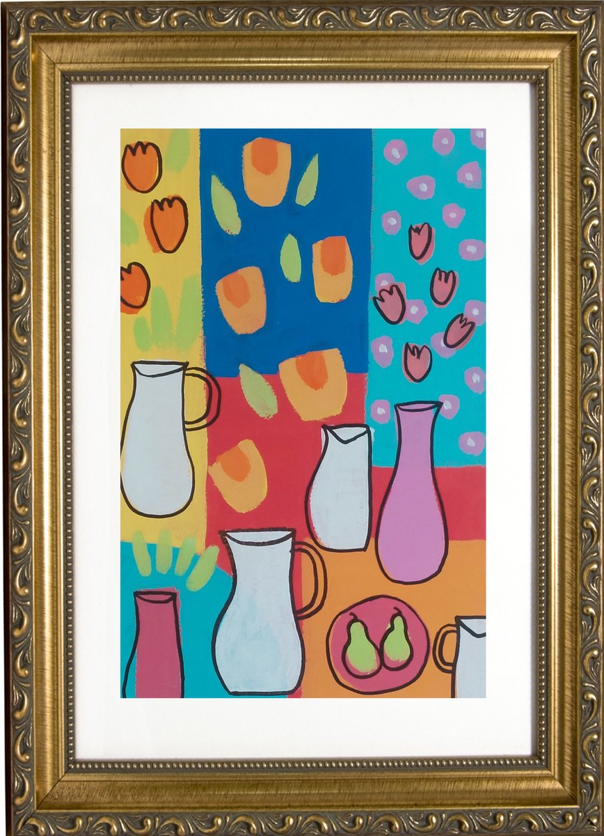 Abstract Still Life Acrylic Painting By Jan Rippingham, 10 X 15, Four White Jugs, Original Artwork