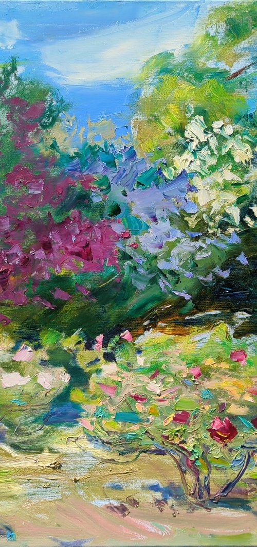 The gardens are blooming . 70х80 cm. Lilac . Summer garden | Original oil painting by Helen Shukina