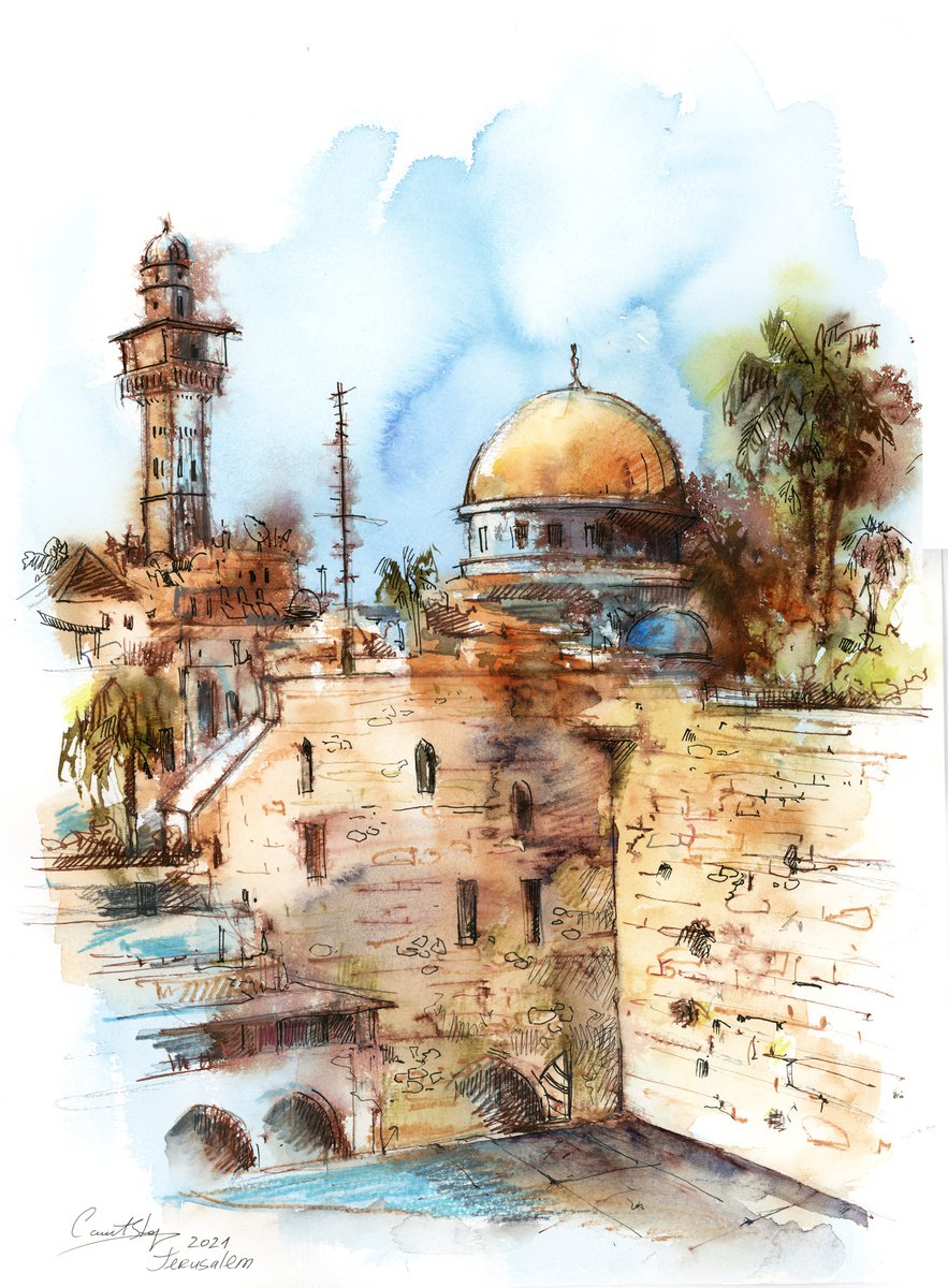 Jerusalem, Wailing Wall - Architecture Sketch Mixed Media by Sophie Rodionov