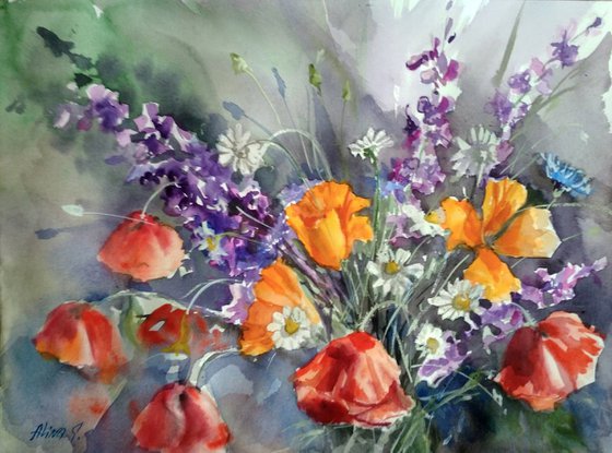 Bouquet of wildflowers, red yellow poppies original watercolor hand painting