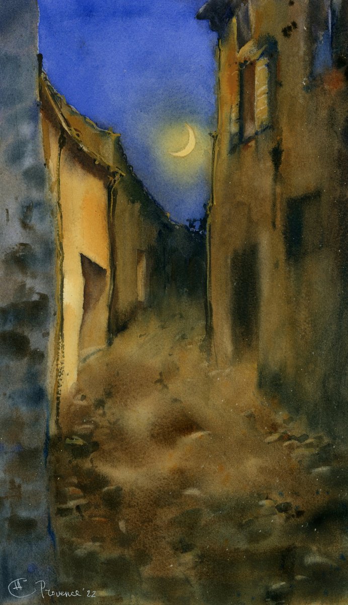 Impressionistic Landscape Watercolour By Tatyana Tokareva, 9 X 15", Nuit En Provence, Original Artwork