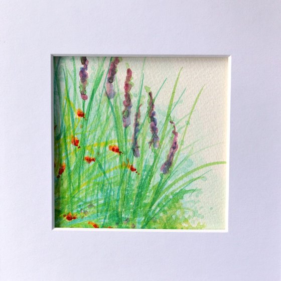 Crocosmia and Purple Loosestrife 2 - mounted watercolour, small gift idea