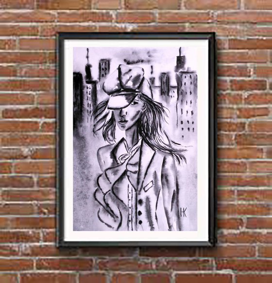 New Yorker Painting Portrait Original Art Girl Portrait Watercolor Woman Artwork City Life Small Home Wall Art 8 by 11" by Halyna Kirichenko