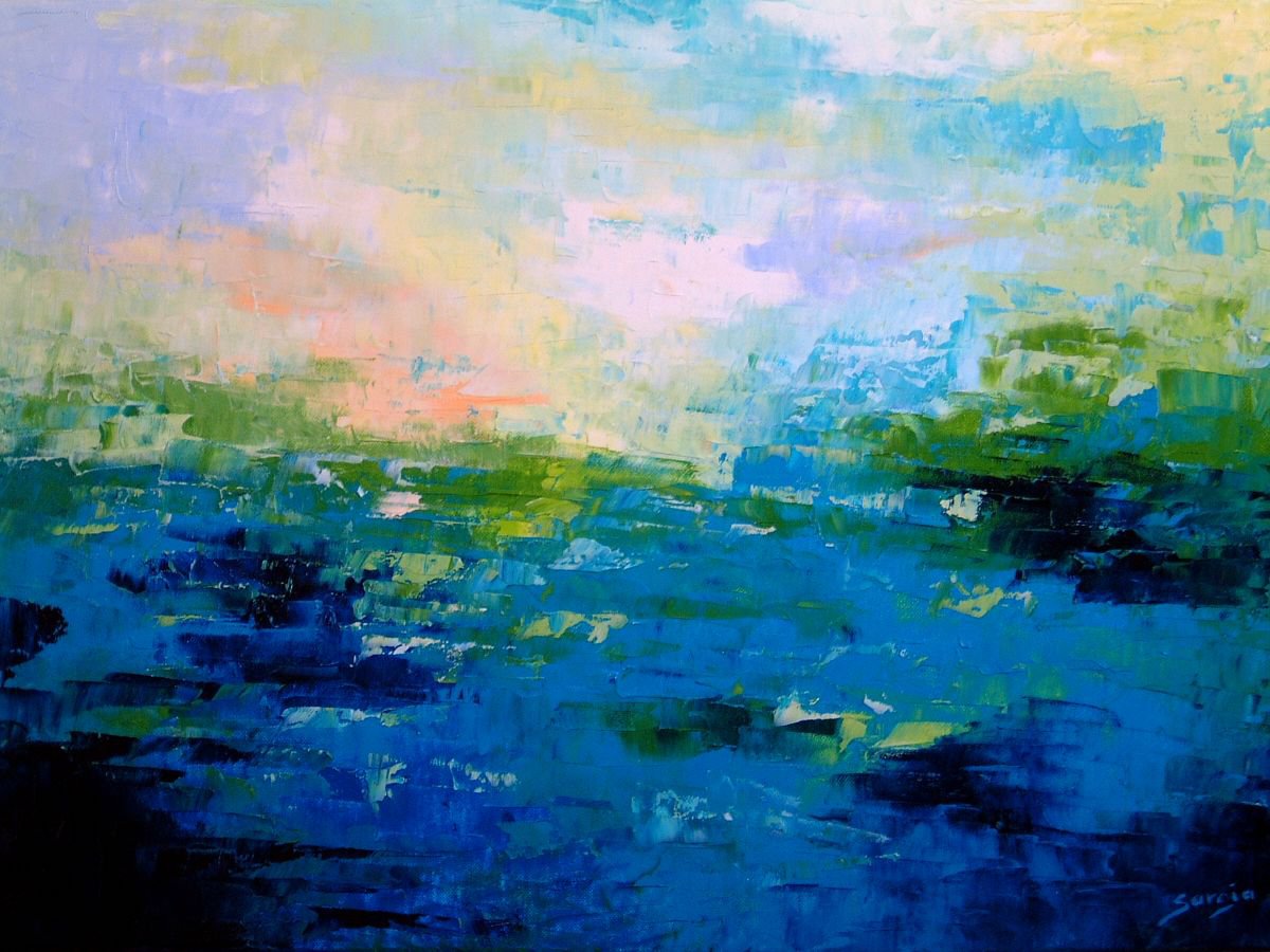 Abstract Landscape Oil Painting By Saroja Van Der Stegen, 27 X 20", Blue Seascape (Ref#:936-15M), Original Artwork