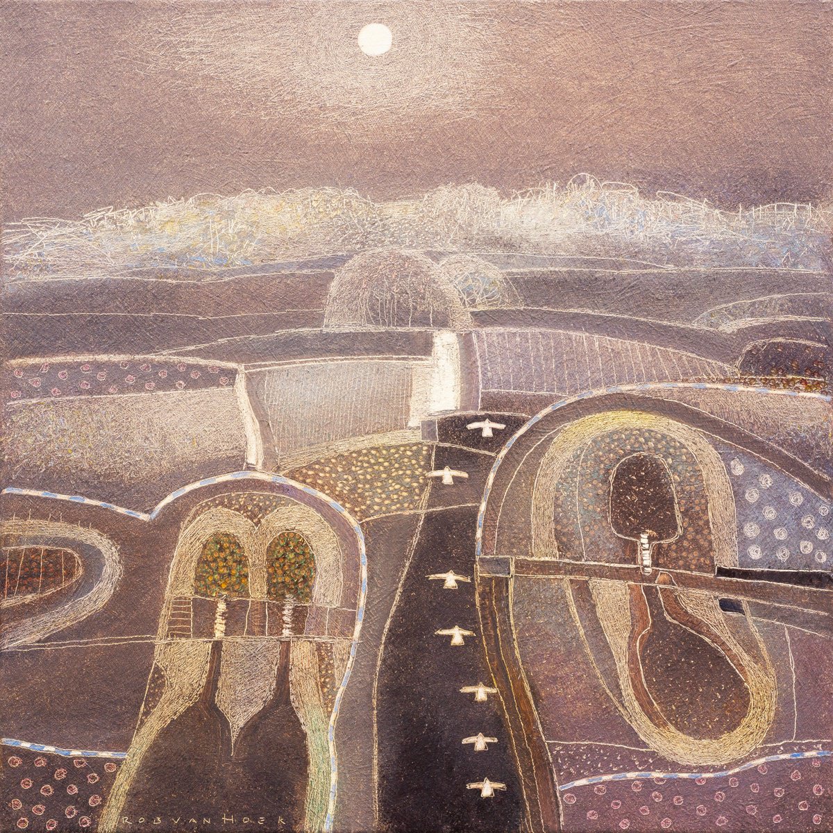 Landscape Oil Painting By Rob Van Hoek, 21 X 21", Land Of Shadows, Original Artwork