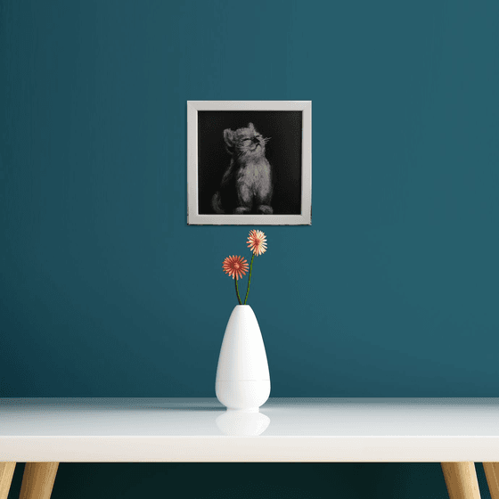 Little cat Black and Silver Monochrome art Framed and Ready to hang