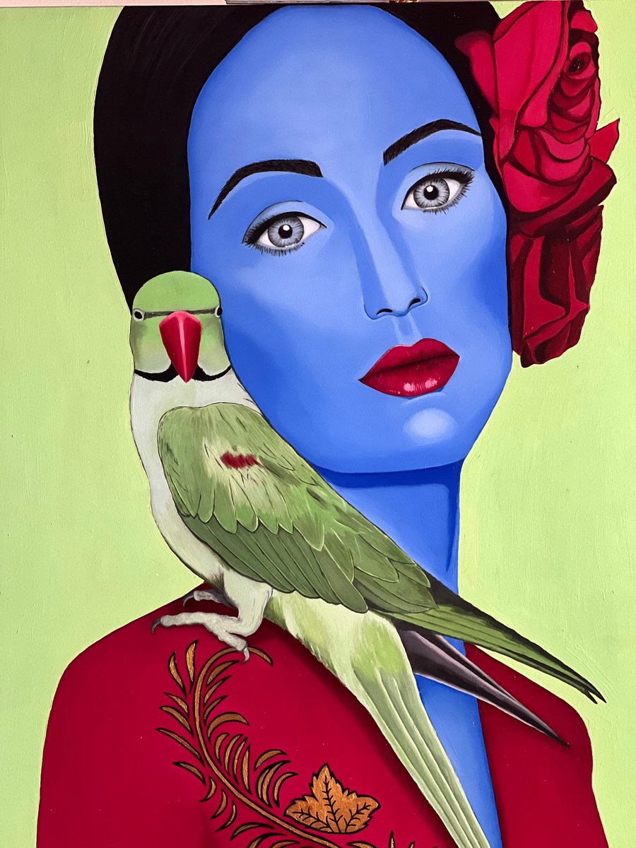 Expressive Portrait Giclee Print By Caroline Millott, 16 X 24, Blue Girl With Parrot - Giclee, Original Artwork