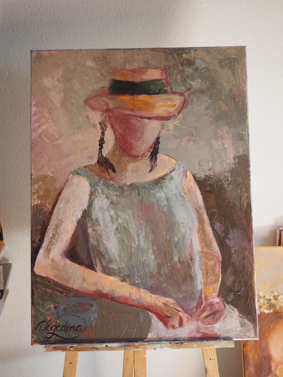 Cup of Coffee. Lover - Original Faceless Woman Portrait on Canvas