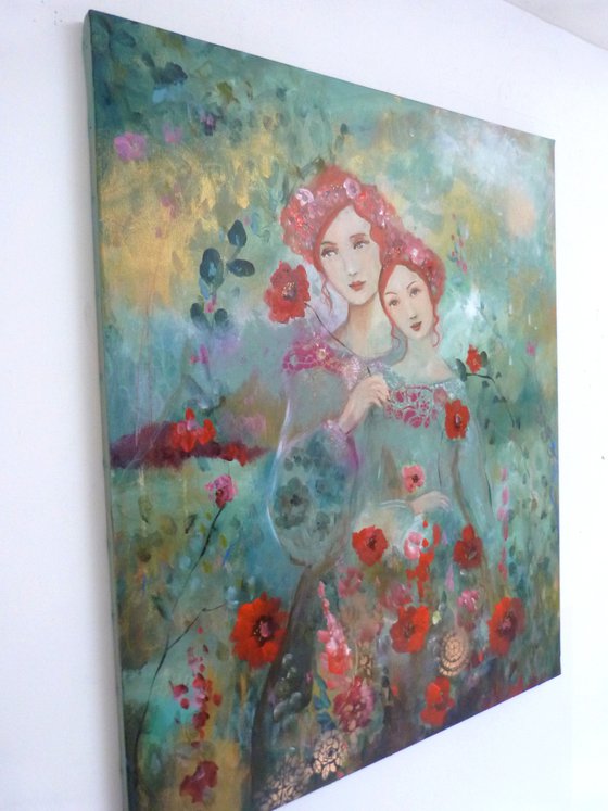 The wild path 73 x 60 cm. Portrait of mother and daughter in the garden