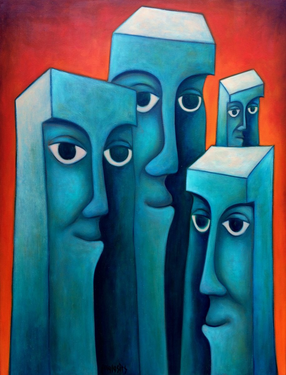 Surrealistic Portrait Oil Painting By Malasits Zsolt, 35 X 46", Guardian Angels 2., Original Artwork