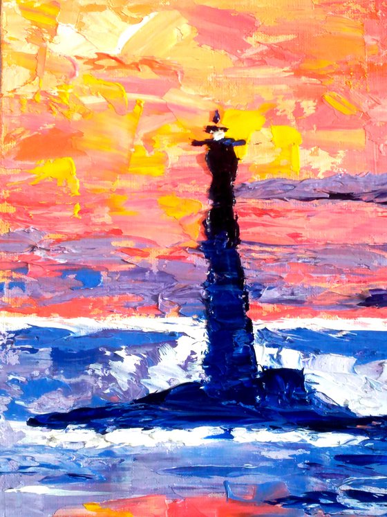 Lighthouse Painting Seascape Original Art Small Oil Impasto Nautical Pallete Knife Artwork Home Wall Art 7 by 9,5" by Halyna Kirichenko