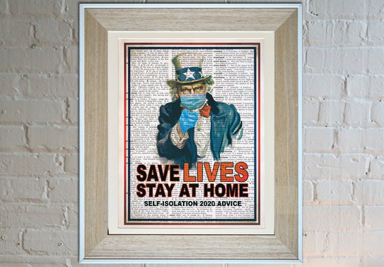 Save Lives, Stay at Home - Collage Art Print on Large Real English Dictionary Vintage Book Page