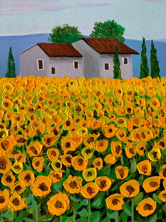 Sunflower and Lavender field! Country Landscape! House in the field! A3 size Painting on paper