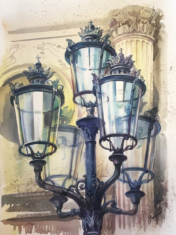 "City lantern". Original watercolor, architectural detail.