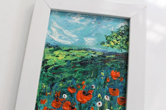 Orange Poppy Flowers Field - Acrylic Landscape Painting framed