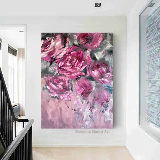 MIXED FEELINGS - Huge painting with flowers. Large abstract roses