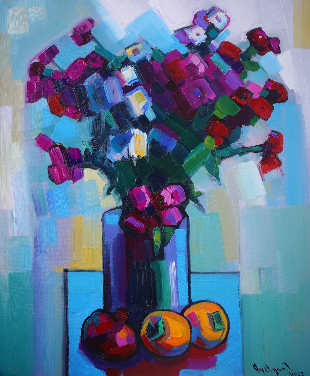 Impressionistic Still Life Oil Painting By Tigran Avetyan, 18 X 22", Flowers, Original Artwork