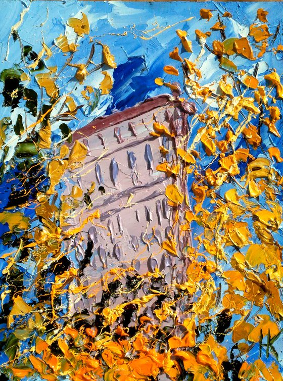 NYC Fall Painting Cityscape Original Art New York Small Oil Artwork Autumn Impasto Pallete Knife Wall Art 6 by 8" by Halyna Kirichenko