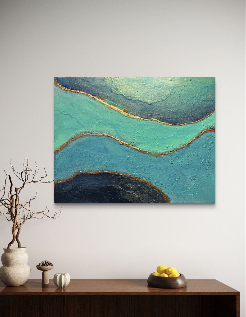 Impressionistic Landscape Acrylic Painting By Henrieta Angel, 28 X 22, Depths Of Blues, Original Artwork